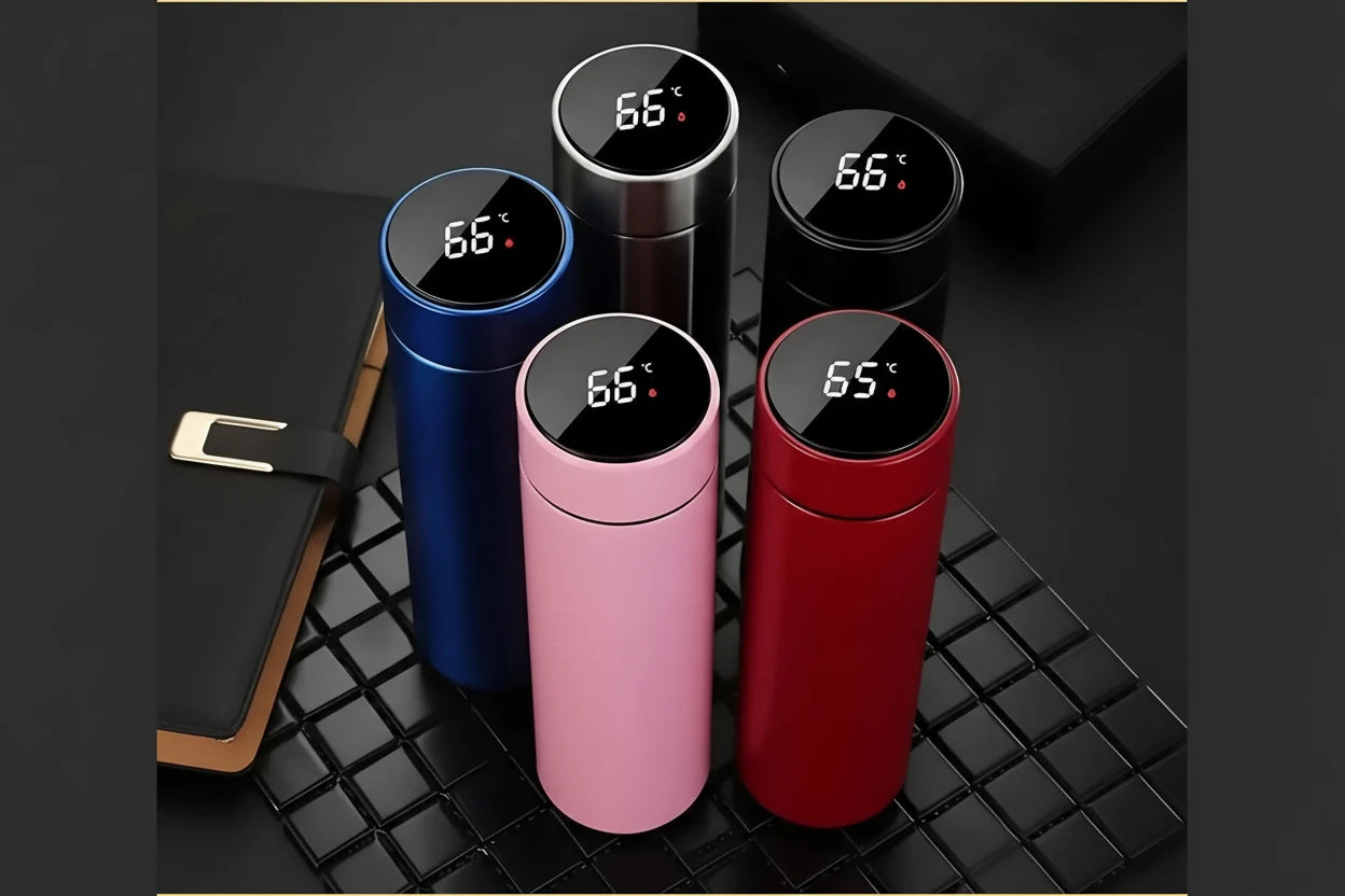 Termosflaske 500ml med temperaturdisplay – alle farger: sort, hvit, rød, grønn, blå, lilla