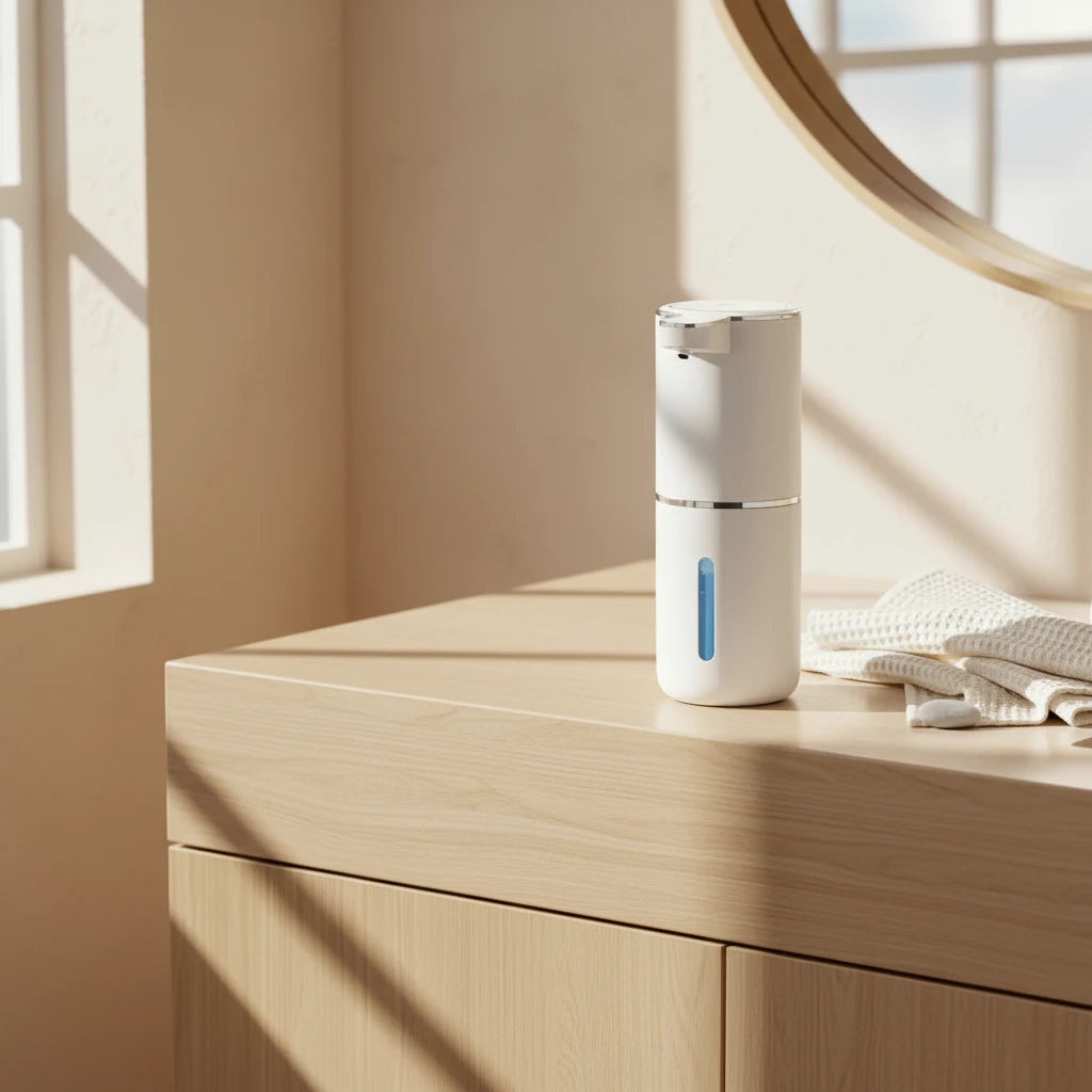 Hvit skumsåpedispenser med håndtrykk, USB-kabel og ikoner for væske og skum på hvit bakgrunn.