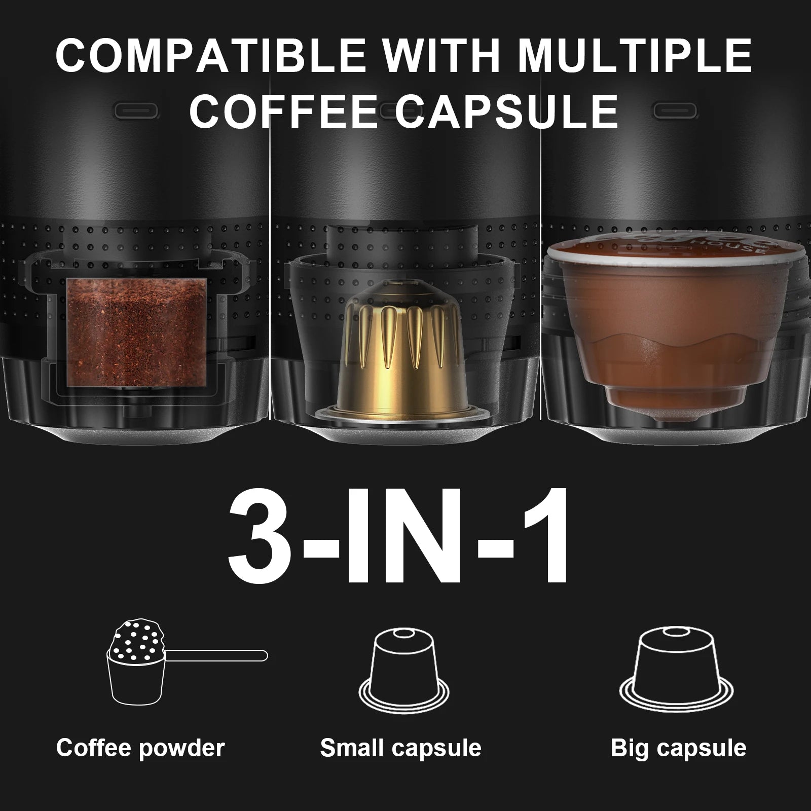Espressomaskin 3-i-1 kompatibel med kapsler og malt kaffe