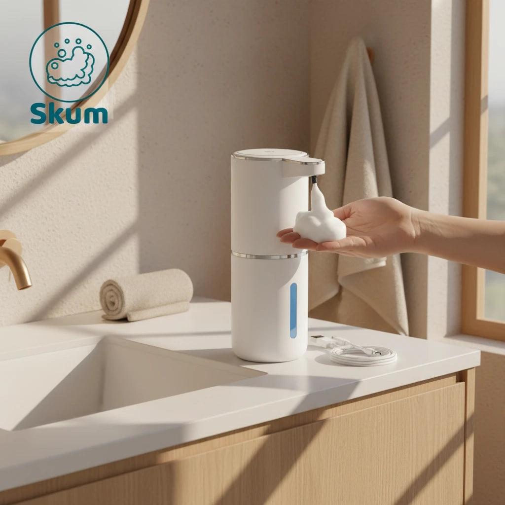 Skumsåpedispenser med håndtrykk, USB-kabel på hvit bakgrunn