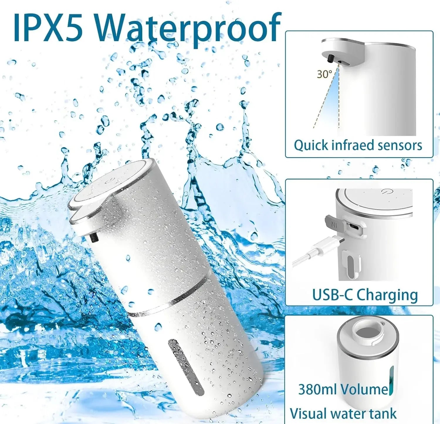 Hvit håndholdt enhet med vannsprut og uthevede funksjoner, inkludert IPX5-vanntetthetsklassifisering.