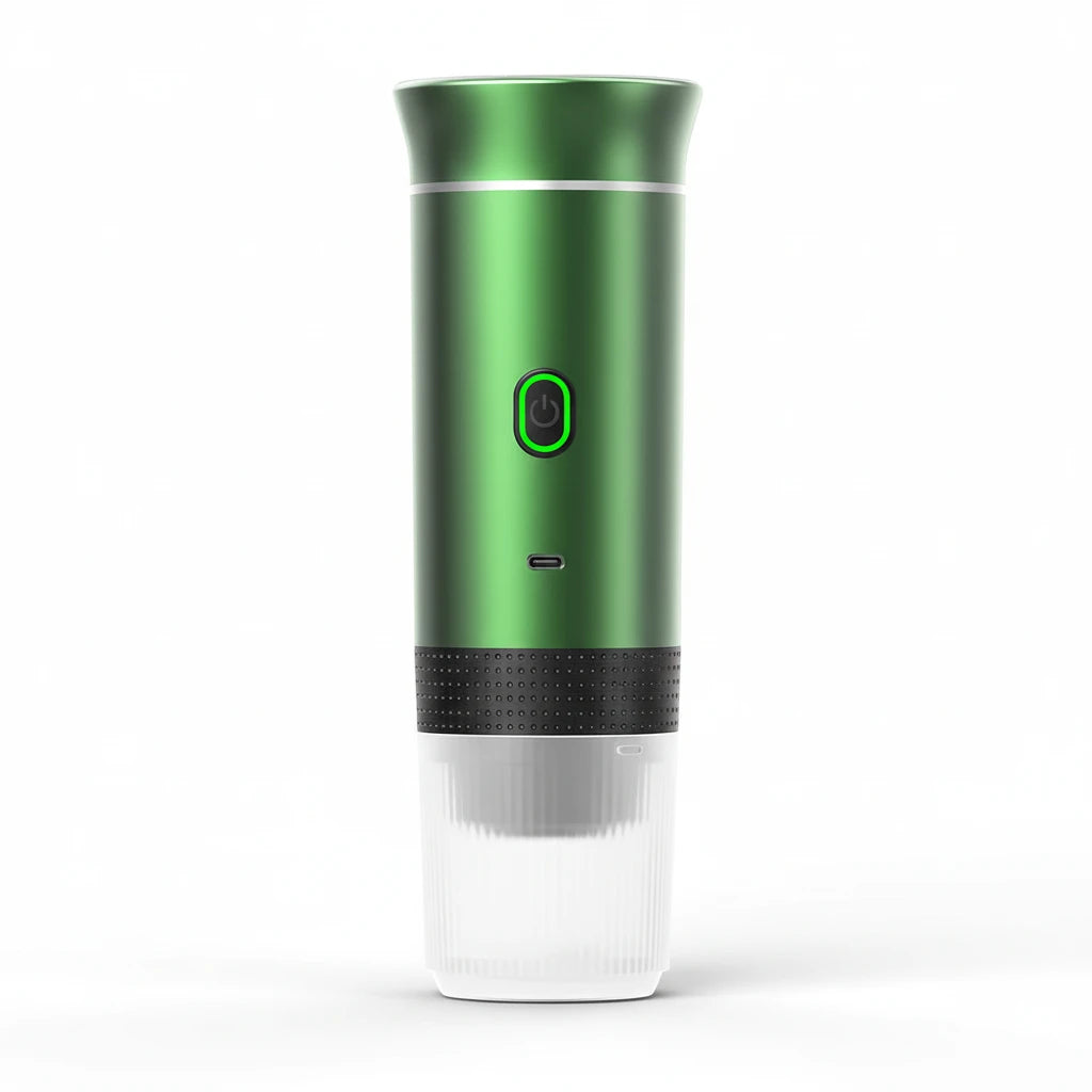 Bærbar espressomaskin Grønn metallic – stilfull kaffemaskin for camping og reise